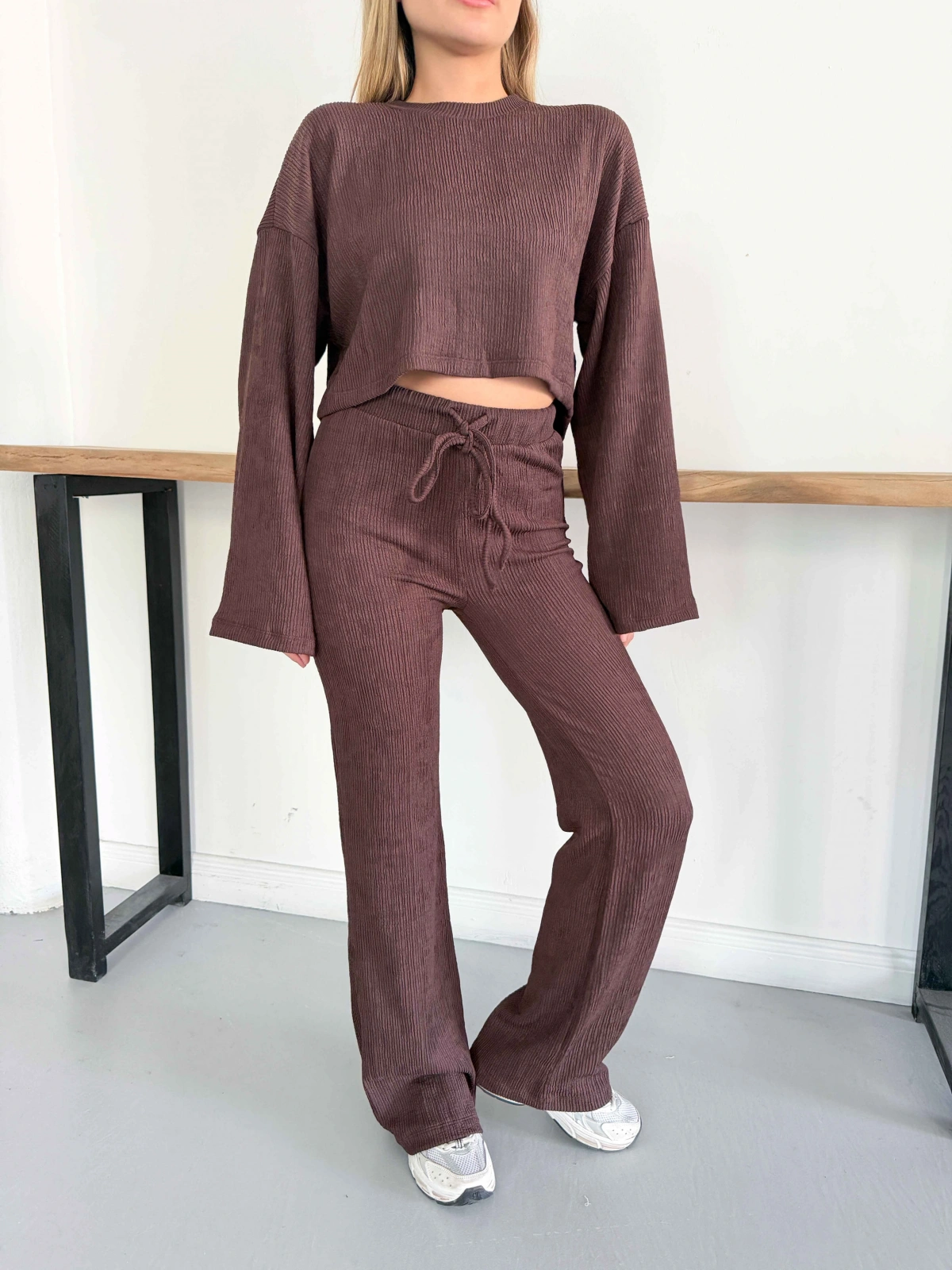 İspanyol Kol Crop- Bluz-Pantolon Takım Kahve