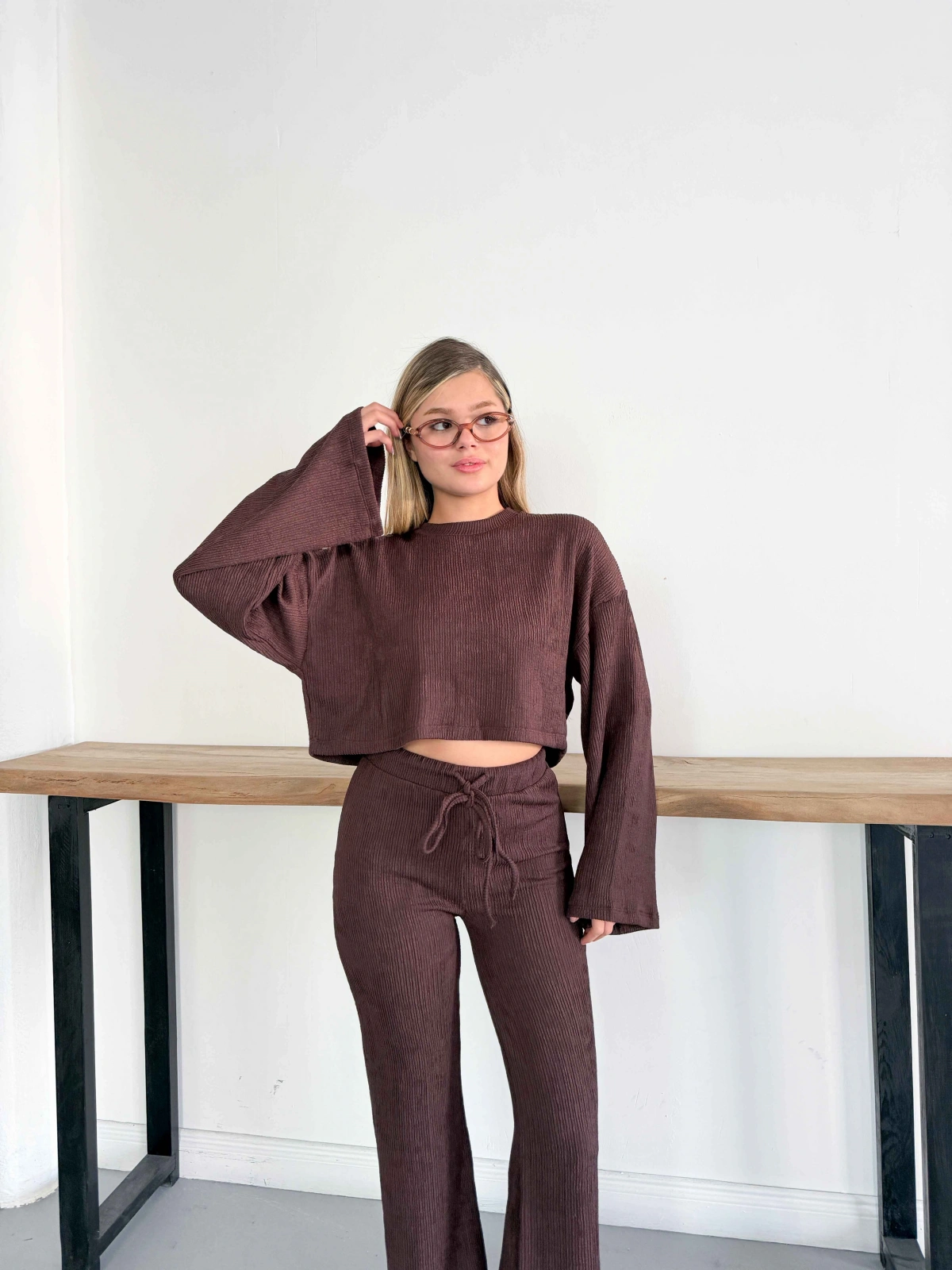 İspanyol Kol Crop- Bluz-Pantolon Takım Kahve