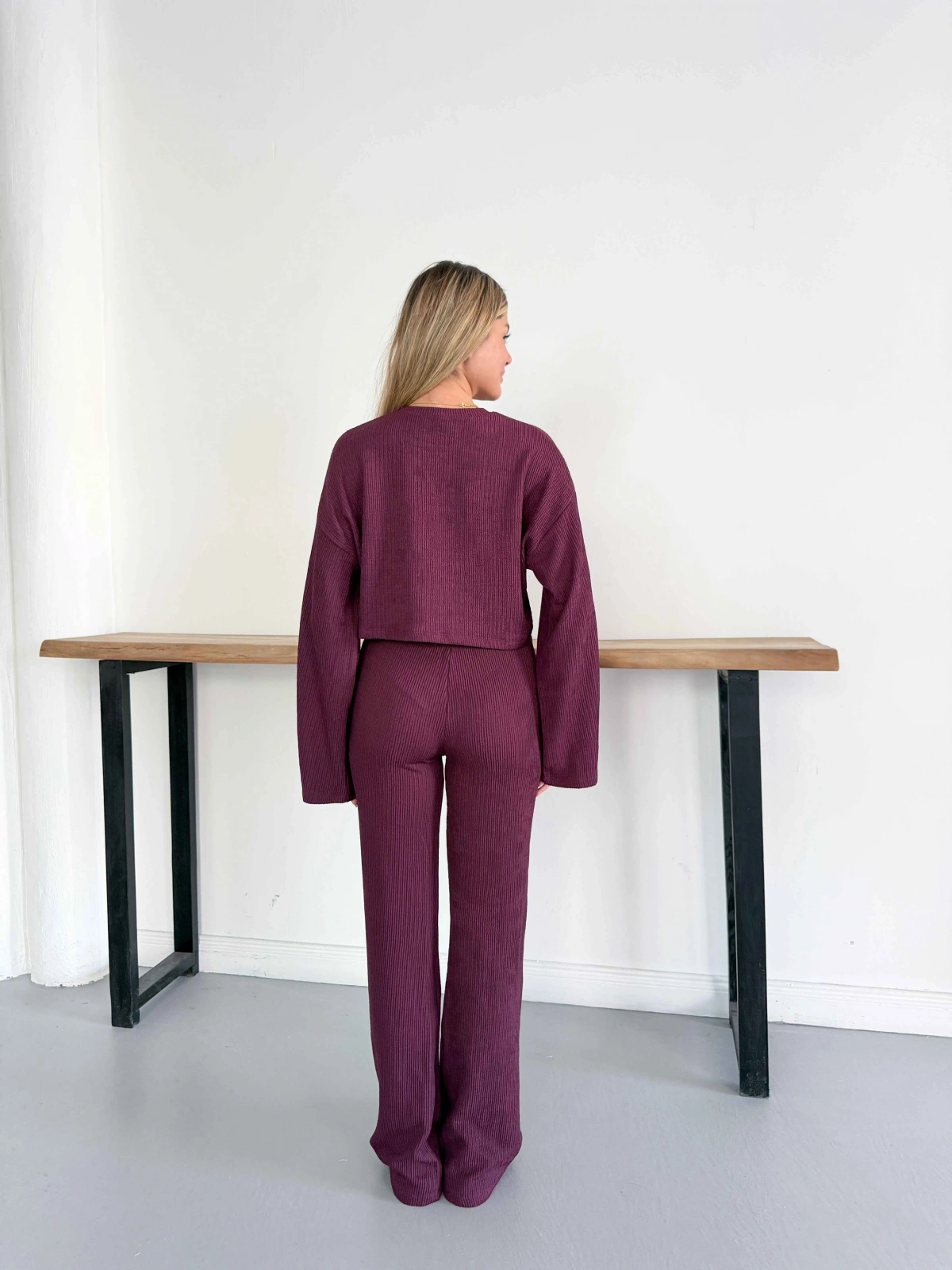 İspanyol Kol Crop- Bluz-Pantolon Takım Mürdüm