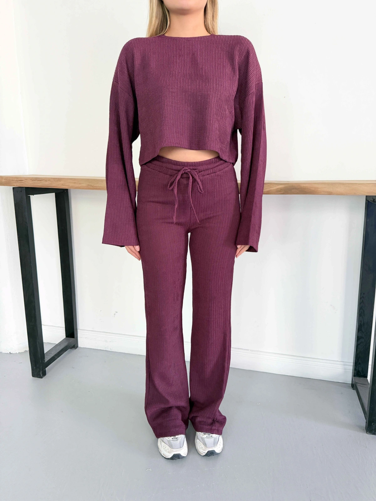 İspanyol Kol Crop- Bluz-Pantolon Takım Mürdüm