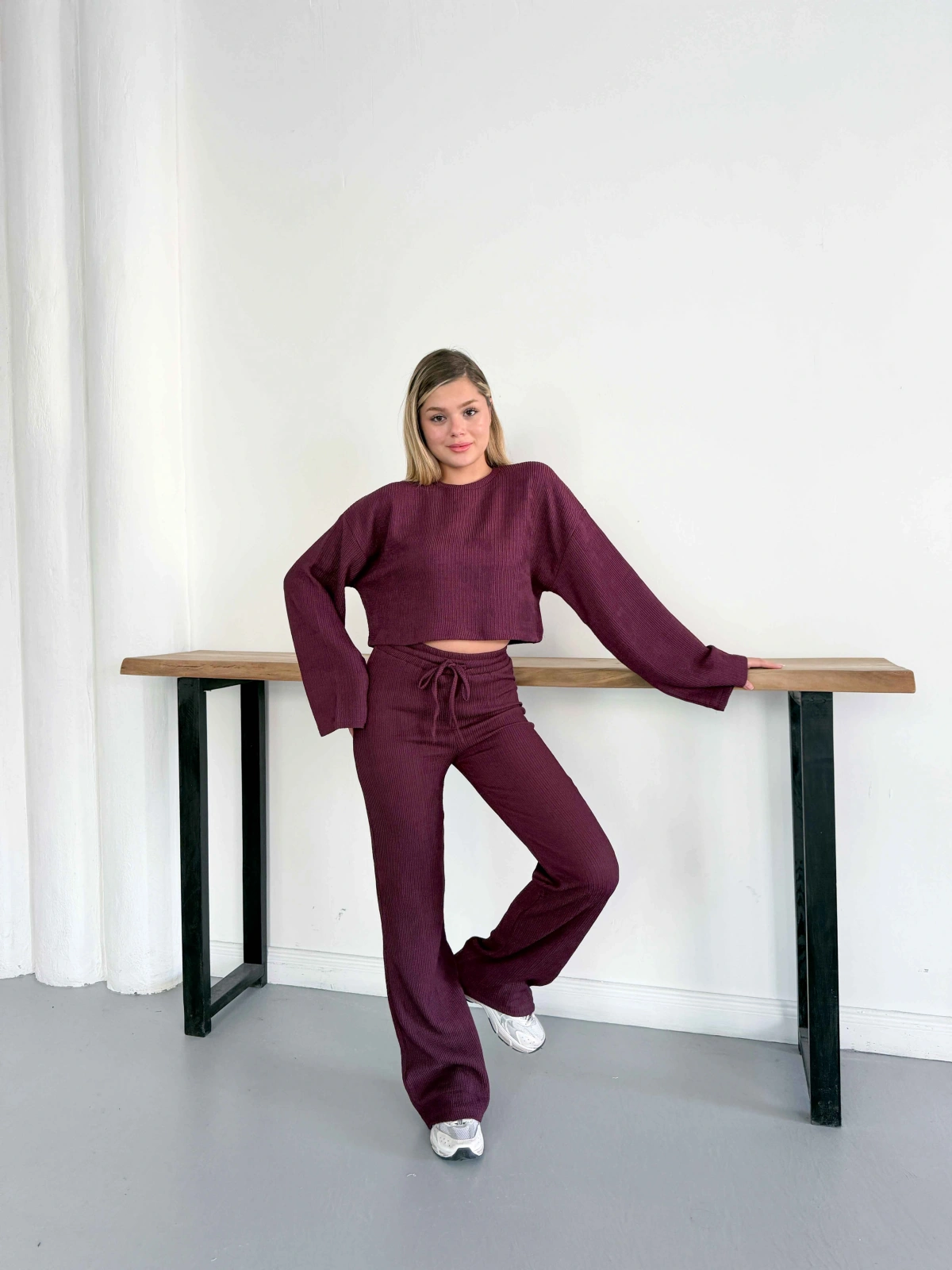 İspanyol Kol Crop- Bluz-Pantolon Takım Mürdüm
