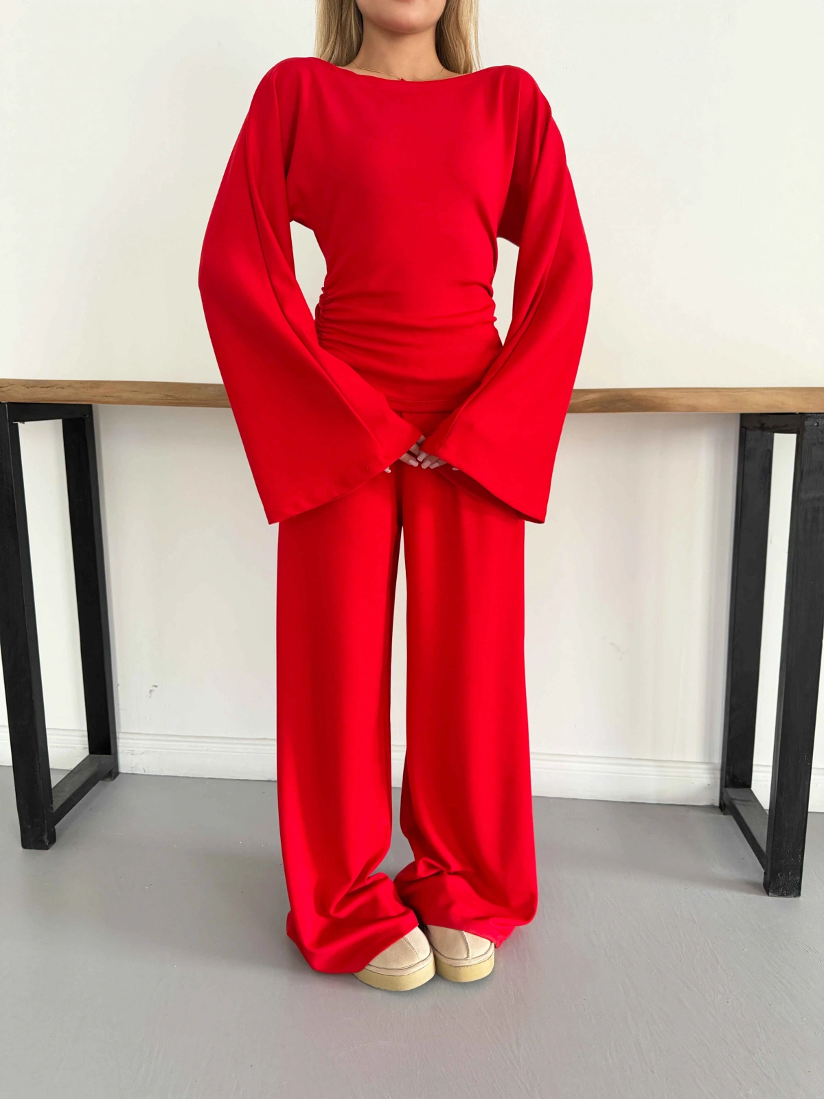 İspanyol Kol Kayık Yaka Modal Takım Kırmızı