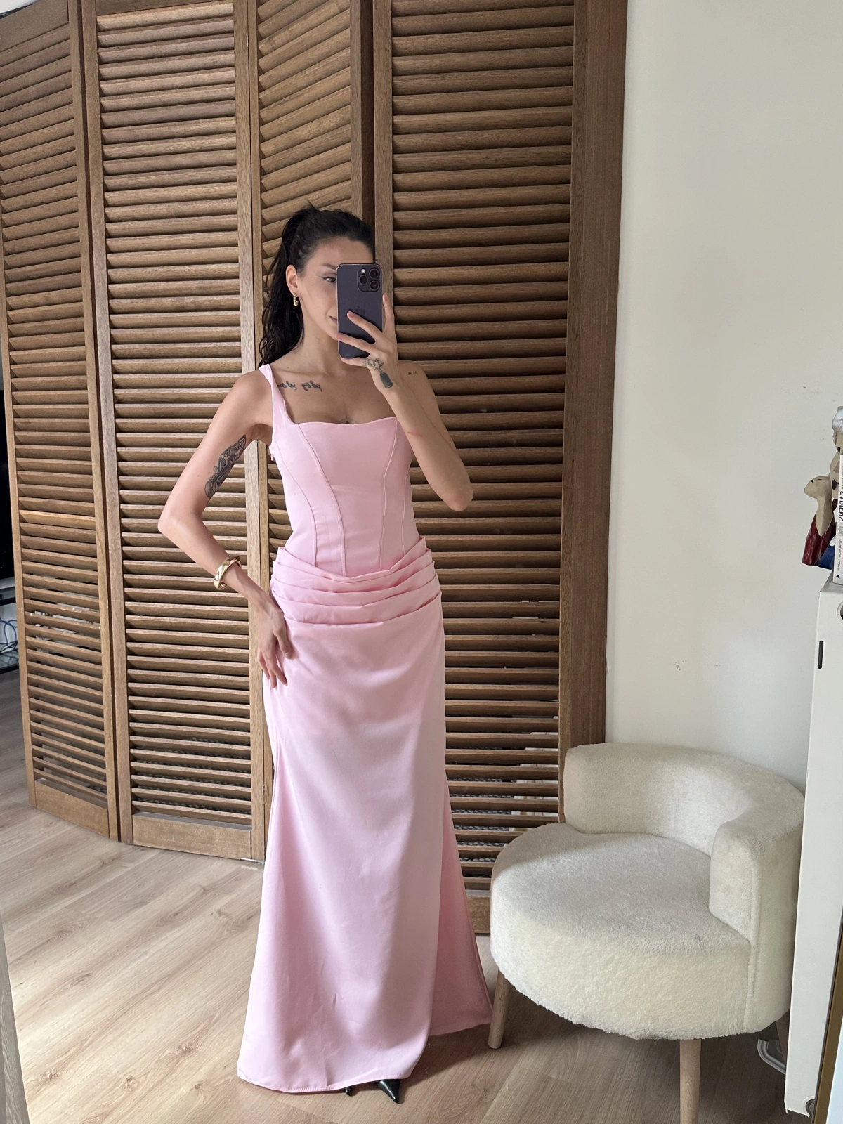 Korse Detaylı Drapeli Maxi Elbise Pembe