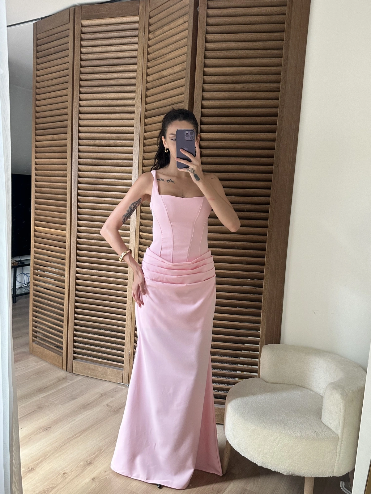 Korse Detaylı Drapeli Maxi Elbise Pembe