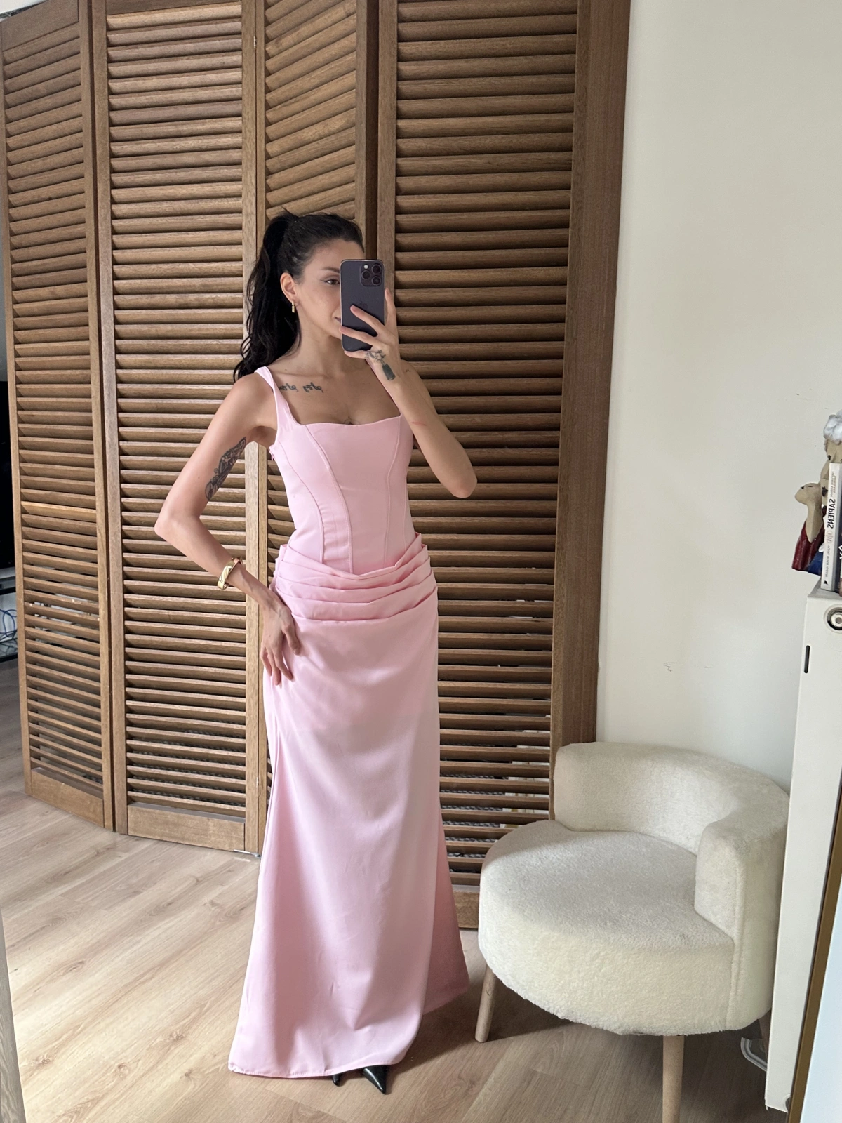 Korse Detaylı Drapeli Maxi Elbise Pembe