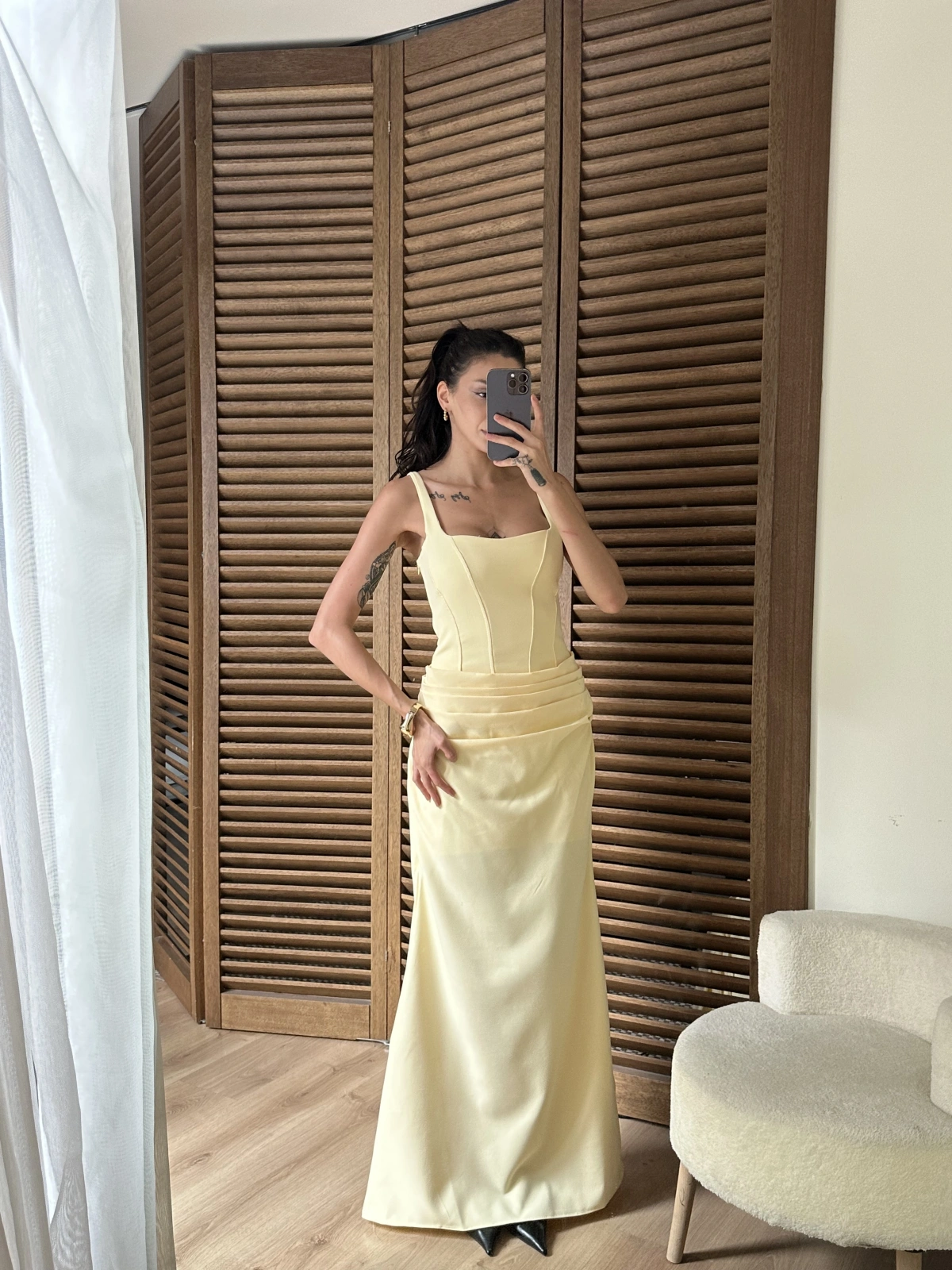 Korse Detaylı Drapeli Maxi Elbise Sarı