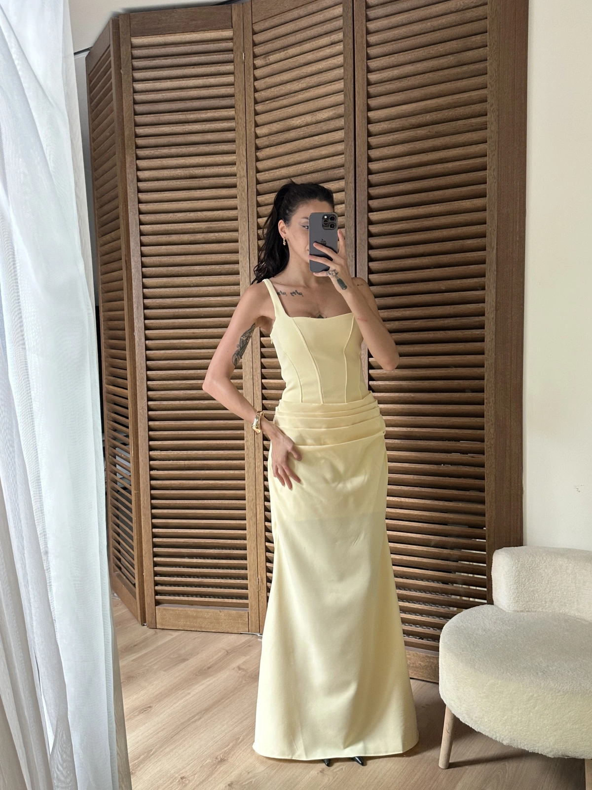 Korse Detaylı Drapeli Maxi Elbise Sarı