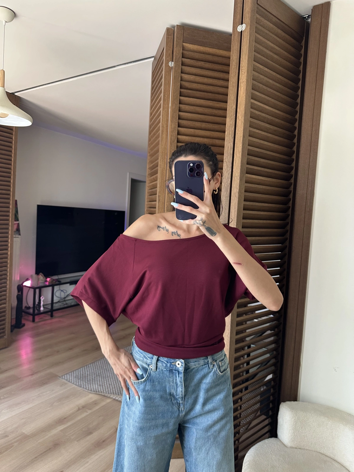 Mila Düşük Omuz Bluz Bordo