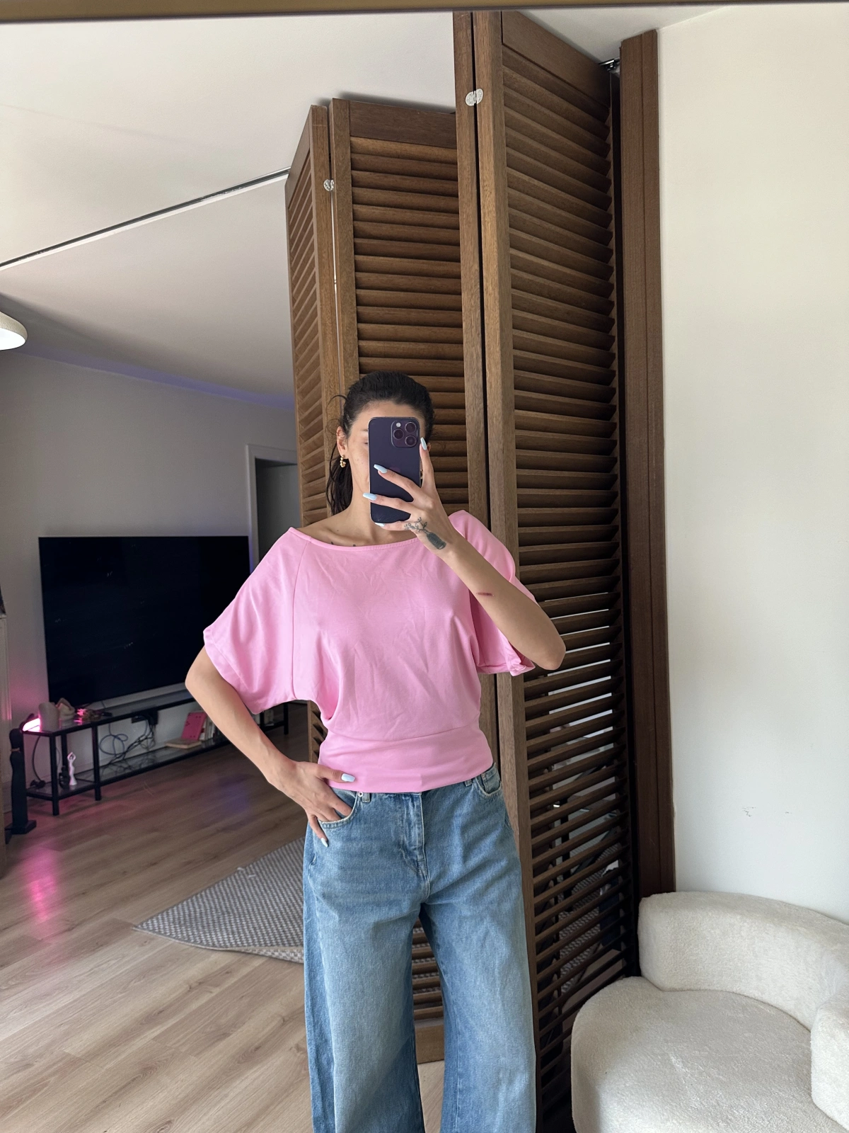 Mila Düşük Omuz Bluz Pudra