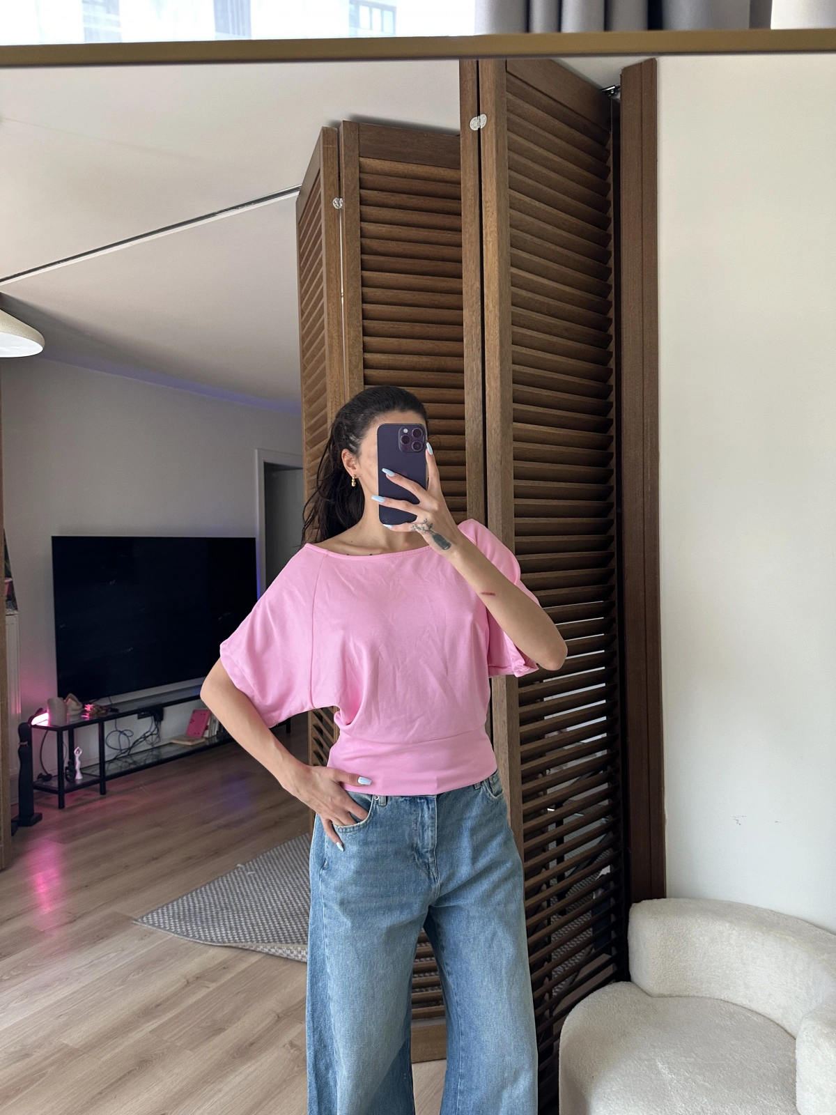 Mila Düşük Omuz Bluz Pudra