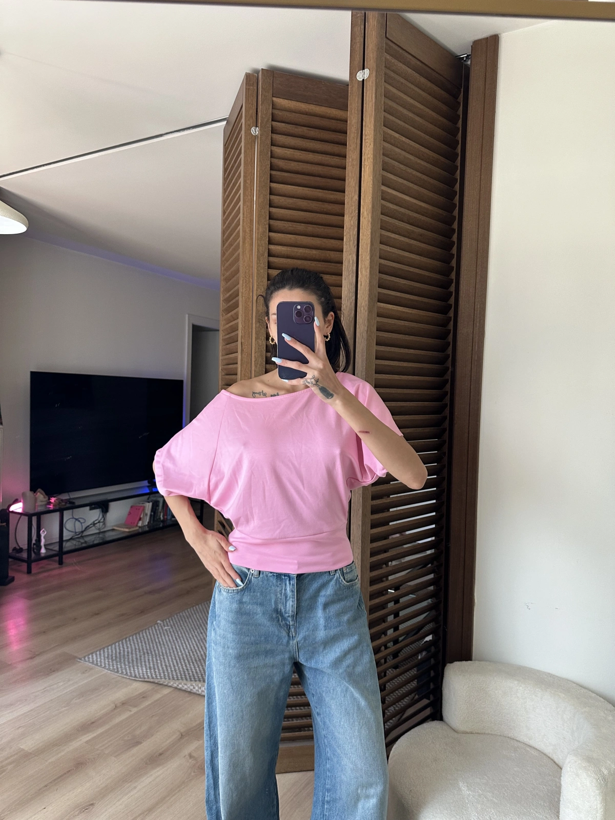 Mila Düşük Omuz Bluz Pudra