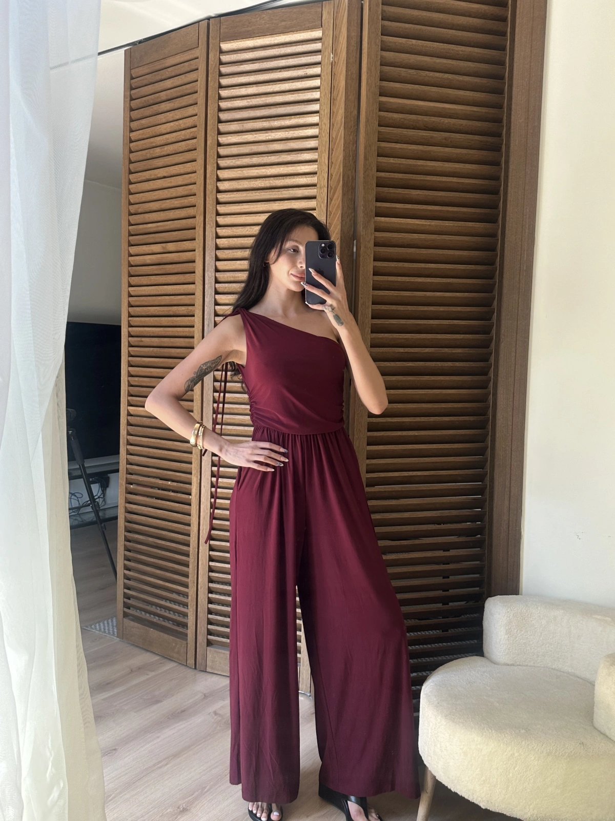 Tek Omuz Detaylı Drapeli Tulum Bordo