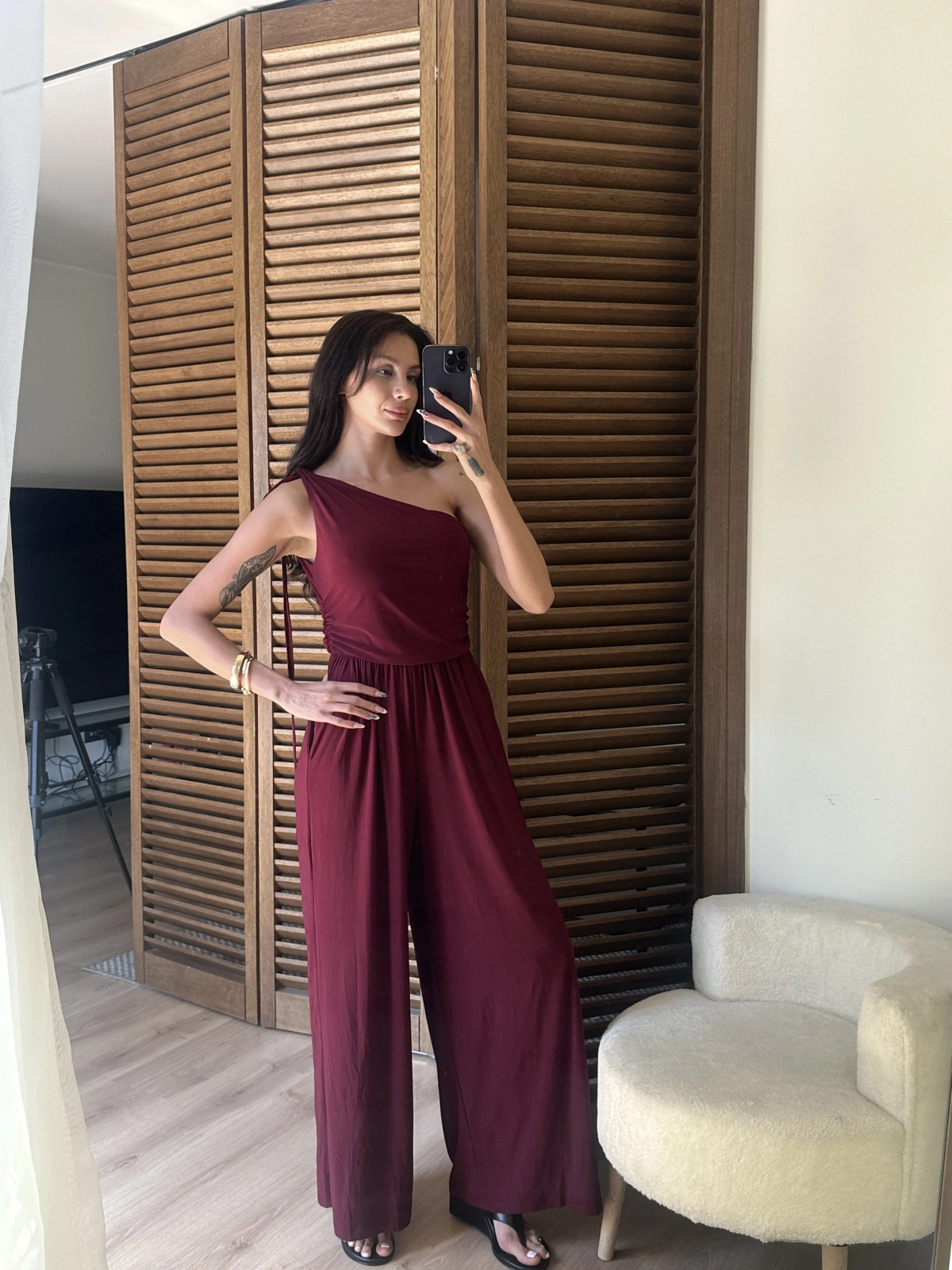 Tek Omuz Detaylı Drapeli Tulum Bordo