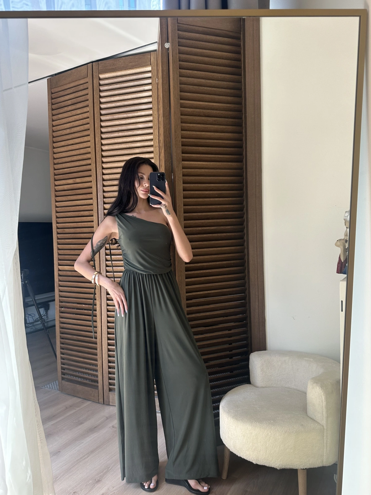 Tek Omuz Detaylı Drapeli Tulum Haki