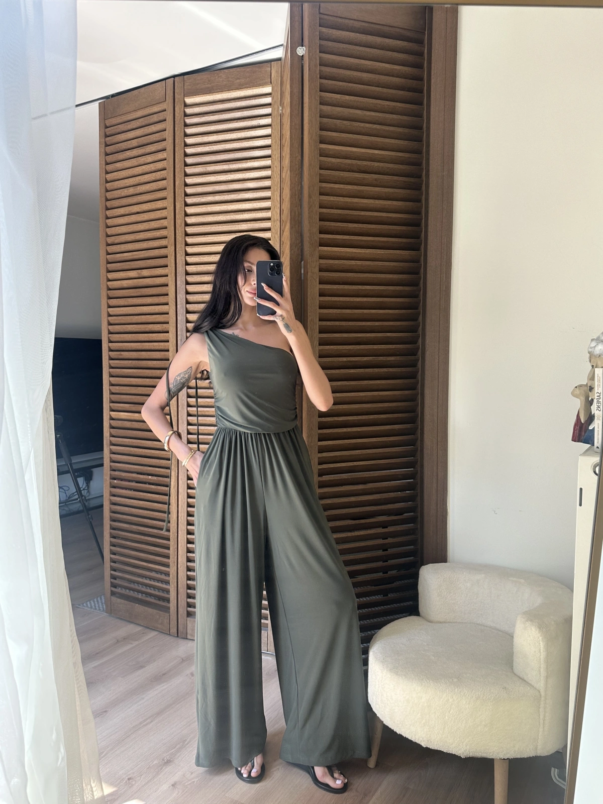Tek Omuz Detaylı Drapeli Tulum Haki