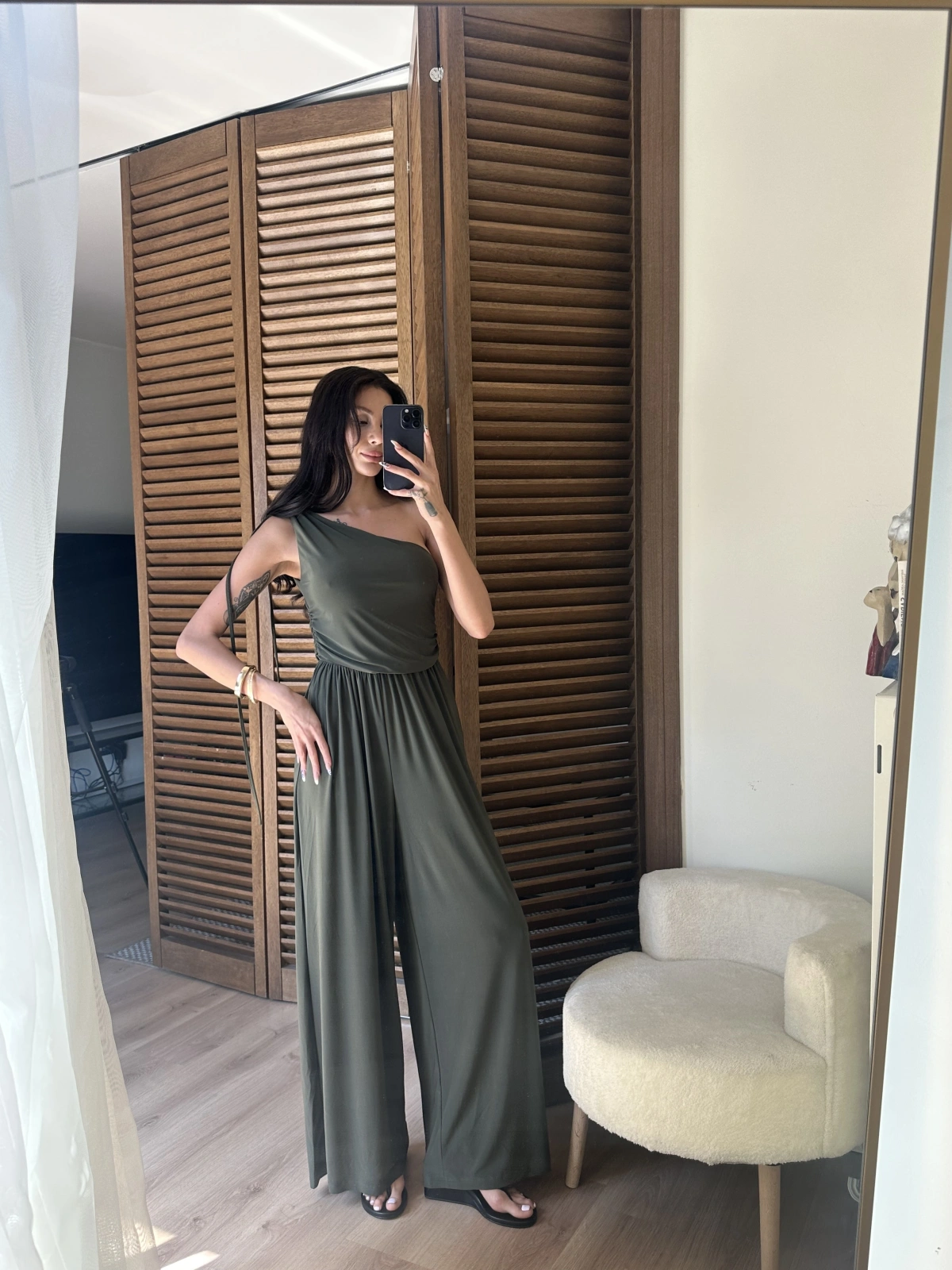 Tek Omuz Detaylı Drapeli Tulum Haki