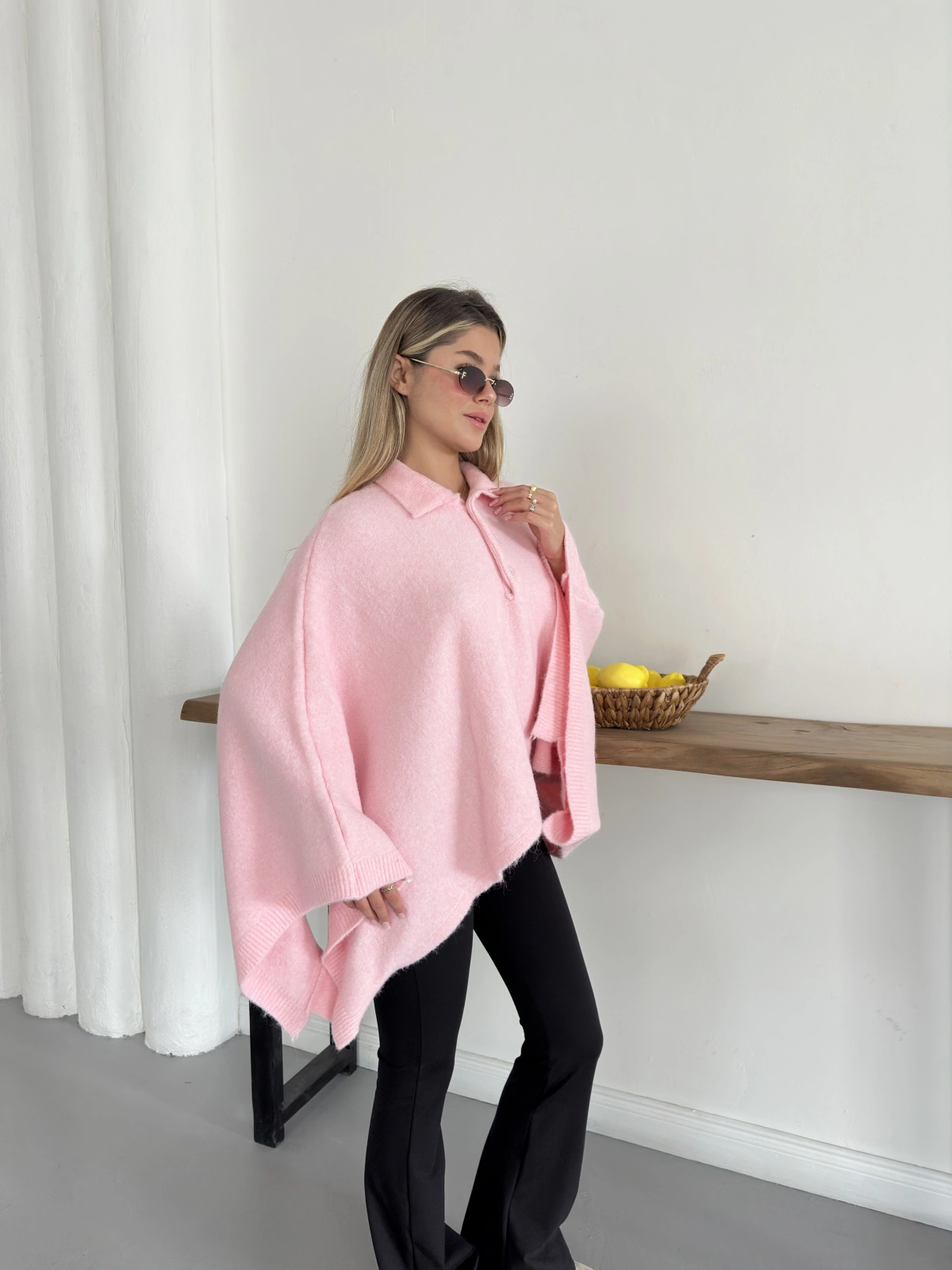 Yakalı Düğme Detaylı Triko Panço Kazak Pembe
