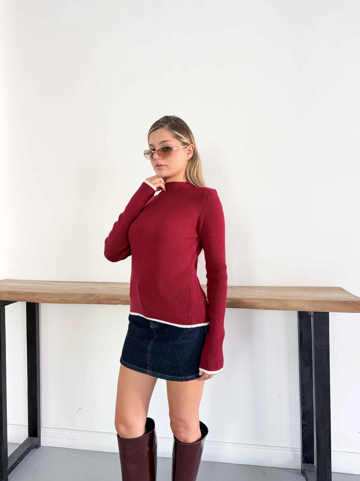 Yarım Balıkçı Yaka Fitilli Triko Bluz Bordo