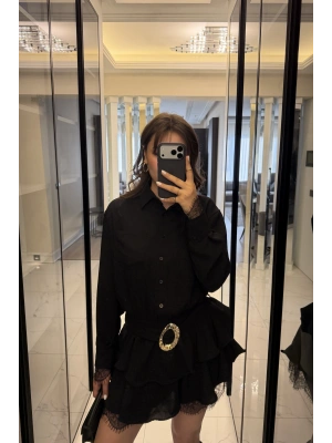 Siyah Güpürlü Kemerli Katlı Gömlek Elbise