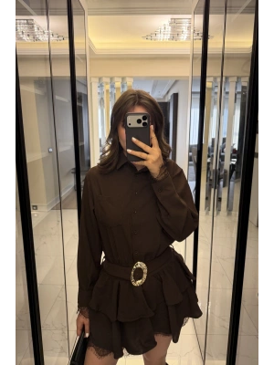 Kahve Güpürlü Kemerli Katlı Gömlek Elbise