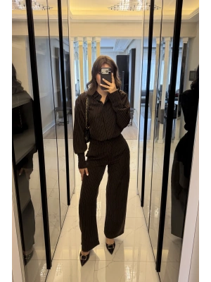 Kahve Rely Çizgili Gömlek Takım