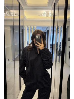 Lacivert Rely Çizgili Gömlek Takım