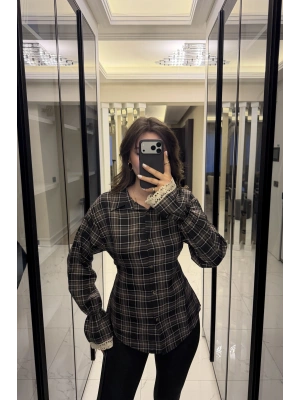 Siyah Güpür Detaylı Belden Bağcıklı Ekose Gömlek