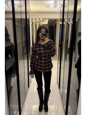 Bordo Güpür Detaylı Belden Bağcıklı Ekose Gömlek