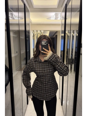 Antrasit Güpür Detaylı Belden Bağcıklı Ekose Gömlek