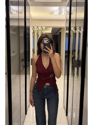 Bordo Emma Broşlu Kelebek Bluz