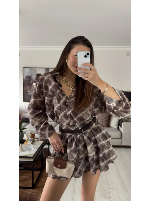 Kahve Olly Kemerli Katlı Etek Gömlek Takım