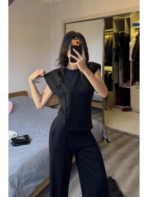 Siyah Mely Vatkalı Dikiş Detay Takım