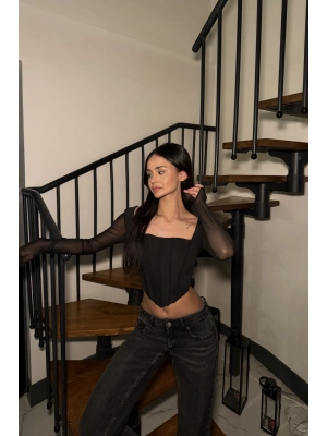 Siyah Tül Kollu Korse Bluz