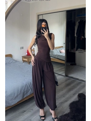 Kahve Lille Asimetrik Şalvar Takım