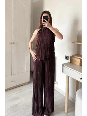Kahverengi Piliseli Halter Yaka Takım