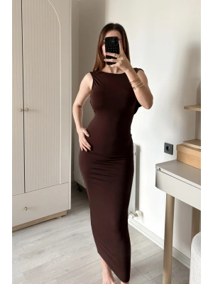 Kahve Neva Sırt Dekolteli Maxi Elbise