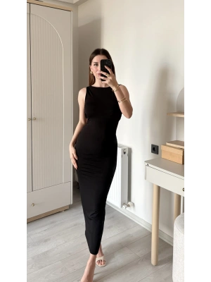 Siyah Neva Sırt Dekolteli Maxi Elbise