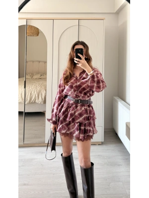 Mürdüm Sole Şifon Dantel Detay Kemerli Takım