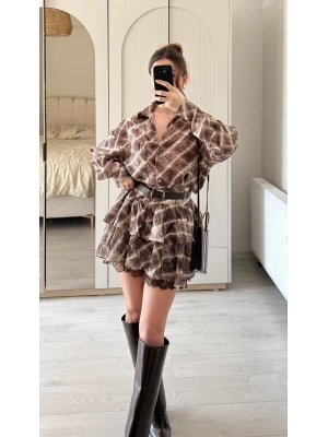 Kahve Sole Şifon Dantel Detay Kemerli Takım