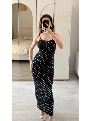 Siyah Ayarlanabilir İnce Askılı Puantiye Elbise