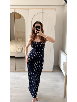 Lacivert Ayarlanabilir İnce Askılı Puantiye Elbise