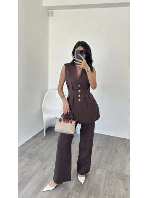 Acı Kahve Nitsa Gold Düğme Detay Takım