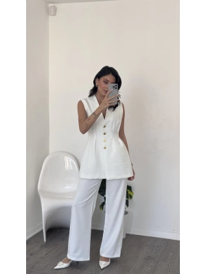 Beyaz Nitsa Gold Düğme Detay Takım