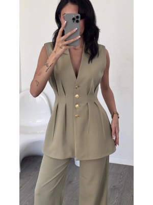 Yağ Yeşili Nitsa Gold Düğme Detay Takım