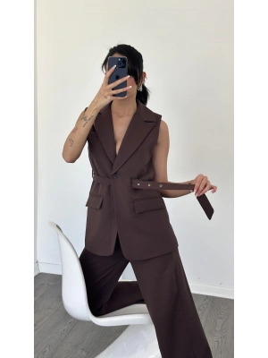Acı Kahve Tancy kemer Detaylı Pantolon-Yelek Takım