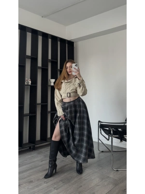 Aida Antrasit Ekose Desenli Maxi Etek