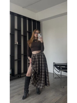 Aida Kahve Ekose Desenli Maxi Etek