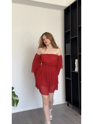 Alin Kırmızı Katlı Madonna Tül Elbise