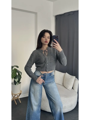 Antrasit Boyundan Bağlamalı Triko Hırka