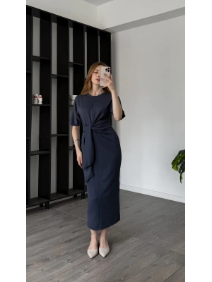 Antrasit Düğüm Detaylı Uzun Elbise